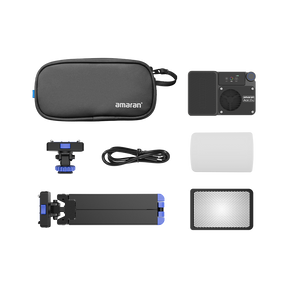 amaran Ace 25c All-in-One Creator Kit (Charcoal) contents: light, carrying bag, Ace Lock mini tripod, 30° grid, dome diffuser, cold-shoe adapter and USB-C cable