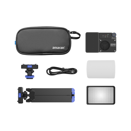 amaran Ace 25c All-in-One Creator Kit (Charcoal) contents: light, carrying bag, Ace Lock mini tripod, 30° grid, dome diffuser, cold-shoe adapter and USB-C cable