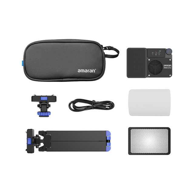 amaran Ace 25c All-in-One Creator Kit (Charcoal) contents: light, carrying bag, Ace Lock mini tripod, 30° grid, dome diffuser, cold-shoe adapter and USB-C cable