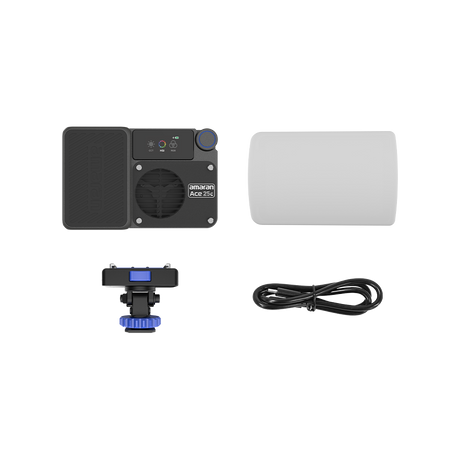 amaran Ace 25c Charcoal with the included dome diffuser, Ace Lock cold-shoe adapter and USB-C cable