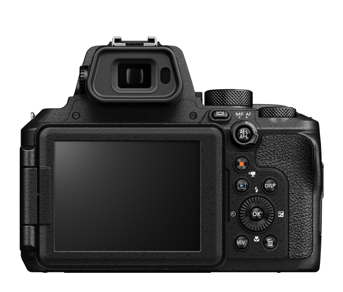 Nikon COOLPIX P950 rear view showing 3.2-inch vari-angle LCD and electronic viewfinder