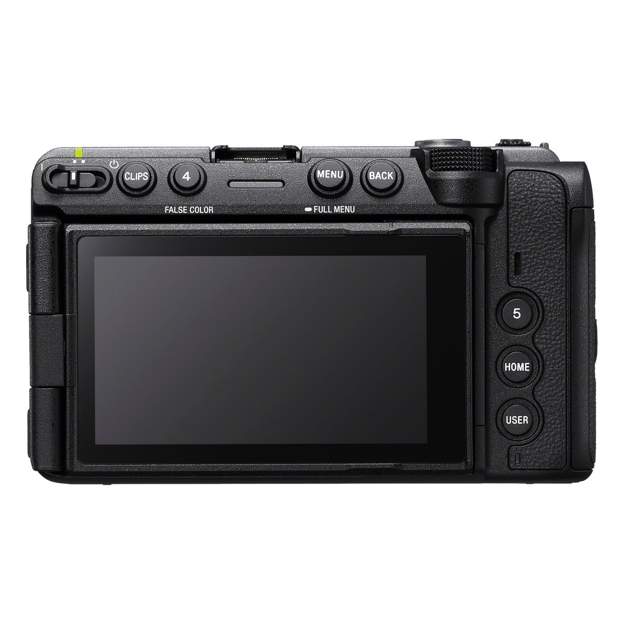 Sony FX5 cinema camera rear view with battery compartment and controls