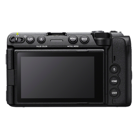 Sony FX5 cinema camera rear view with battery compartment and controls