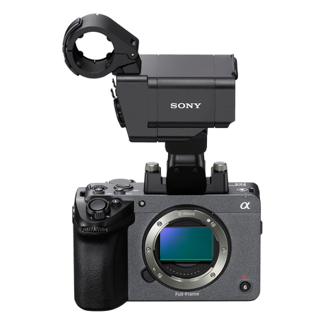 Sony FX5 cinema camera fitted with the XLR handle unit, front view