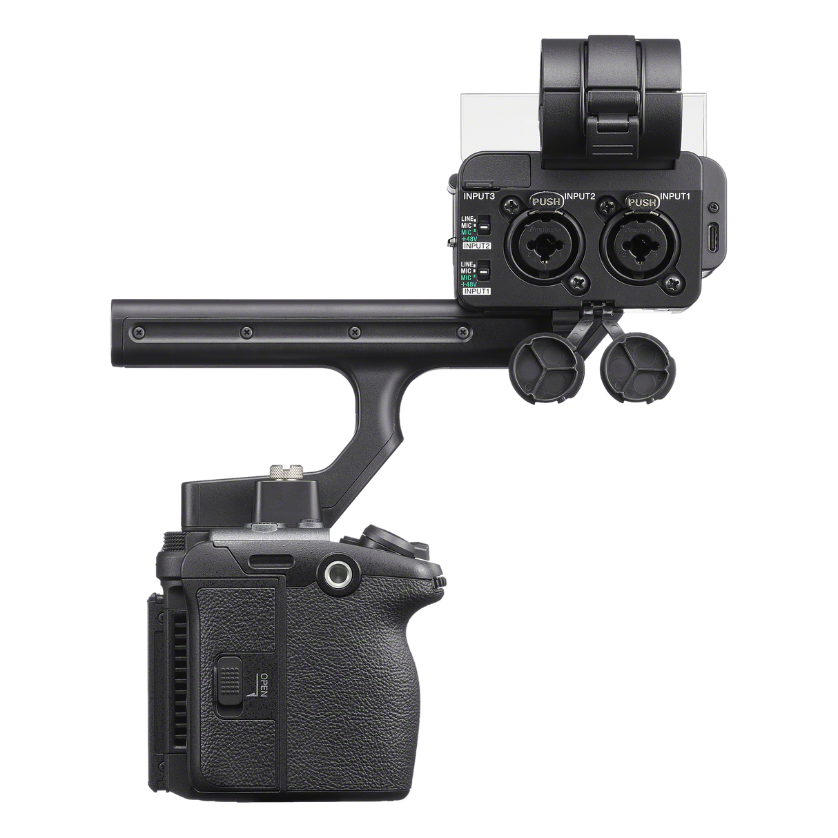 Sony FX5 cinema camera with XLR handle unit, right side view