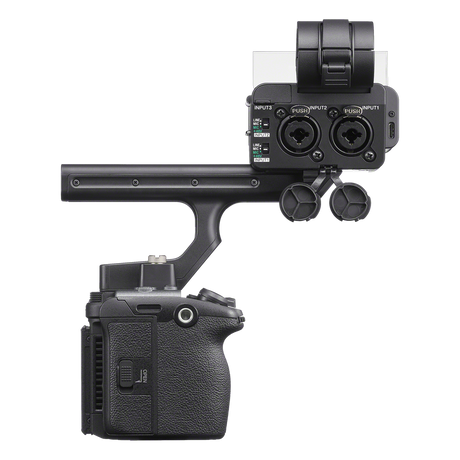 Sony FX5 cinema camera with XLR handle unit, right side view
