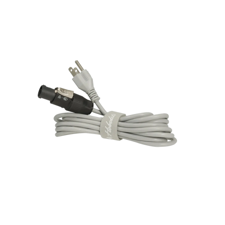 Hobolite Pro AC power cord with black XLR connector and white plug, secured with branded velcro strap.