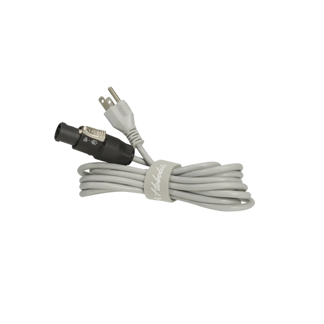 Hobolite Pro AC power cord with black XLR connector and white plug, secured with branded velcro strap.