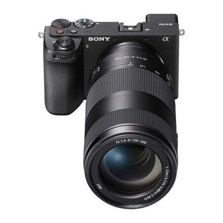 Sony FE 100-400mm F5.6-8 OSS mounted on a Sony a6700, front top view
