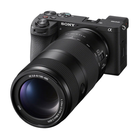 Sony FE 100-400mm F5.6-8 OSS mounted on a Sony a6700, right side view