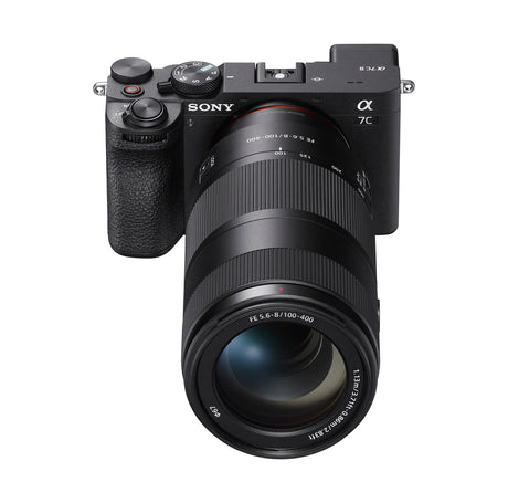 Sony FE 100-400mm F5.6-8 OSS mounted on a Sony a7C II, front top view