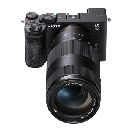 Sony FE 100-400mm F5.6-8 OSS mounted on a Sony a7C II, front top view