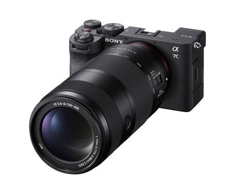 Sony FE 100-400mm F5.6-8 OSS mounted on a Sony a7C II, right side view
