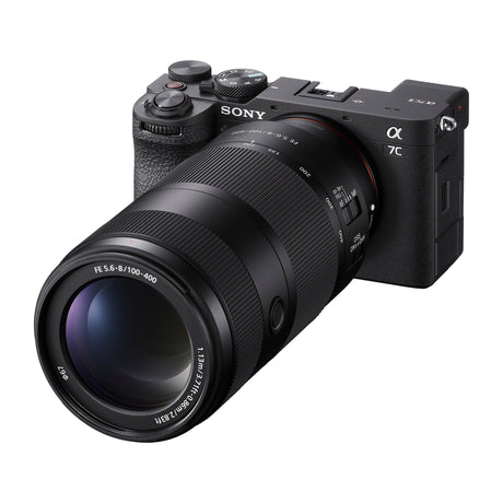 Sony FE 100-400mm F5.6-8 OSS mounted on a Sony a7C II, right side view