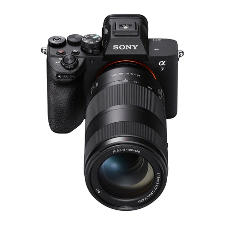Sony FE 100-400mm F5.6-8 OSS mounted on a Sony a7 V, front top view