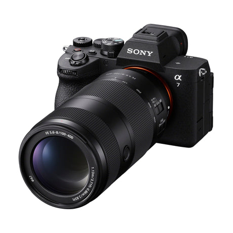 Sony FE 100-400mm F5.6-8 OSS mounted on a Sony a7 V, right side view