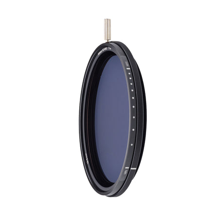 NiSi 49mm ND-VARIO Pro Nano 1.5-5 Stop Enhanced Variable ND Filter, front view showing the silver density control knob