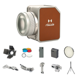 Hobolite Avant 100W LED kit with light, barn doors, gels, diffuser, battery, cables, mount, tripod.