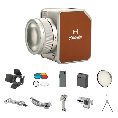Hobolite Avant 100W LED kit with light, barn doors, gels, diffuser, battery, cables, mount, tripod.