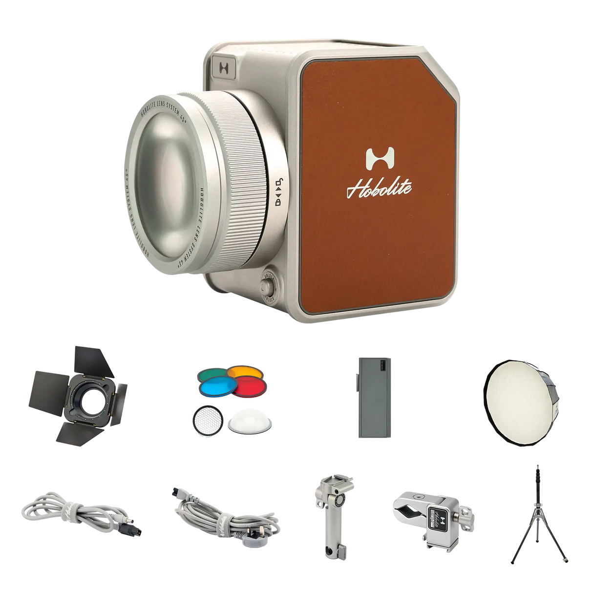 Hobolite Avant 100W bi-color LED lighting kit components: light, barn doors, gels, diffuser, battery, mount, and tripod.