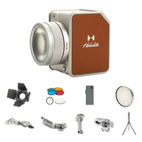 Hobolite Avant 100W bi-color LED lighting kit components: light, barn doors, gels, diffuser, battery, mount, and tripod.