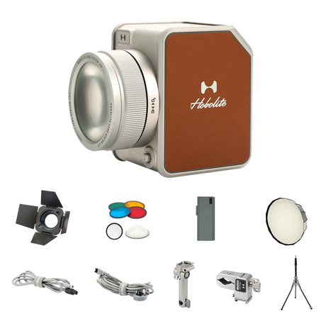 Hobolite Avant 100W bi-color LED lighting kit components: light, barn doors, gels, diffuser, battery, mount, and tripod.