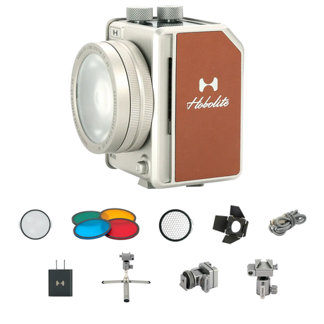 Hobolite Mini 20W bi-color LED light with accessories including diffuser, gels, grid, barn doors, adapter, and cables.