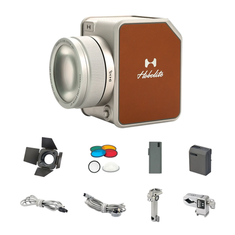 Hobolite Avant 100W Bi-Color LED lighting kit with barn doors, gels, diffuser, battery, cables, mount, and tripod.