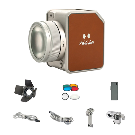 Hobolite Avant 100W Bi-Color LED kit with light, barn doors, gels, diffuser, battery, mount, and cables.