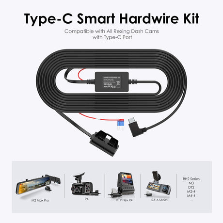Rexing Dash Cam Hardwire Kit with OBD Interface, 24/7 Parking Mode, ACC Detection, Low Voltage Protection, 12V-30V to 5V/3A, 10.5ft Type C Cable