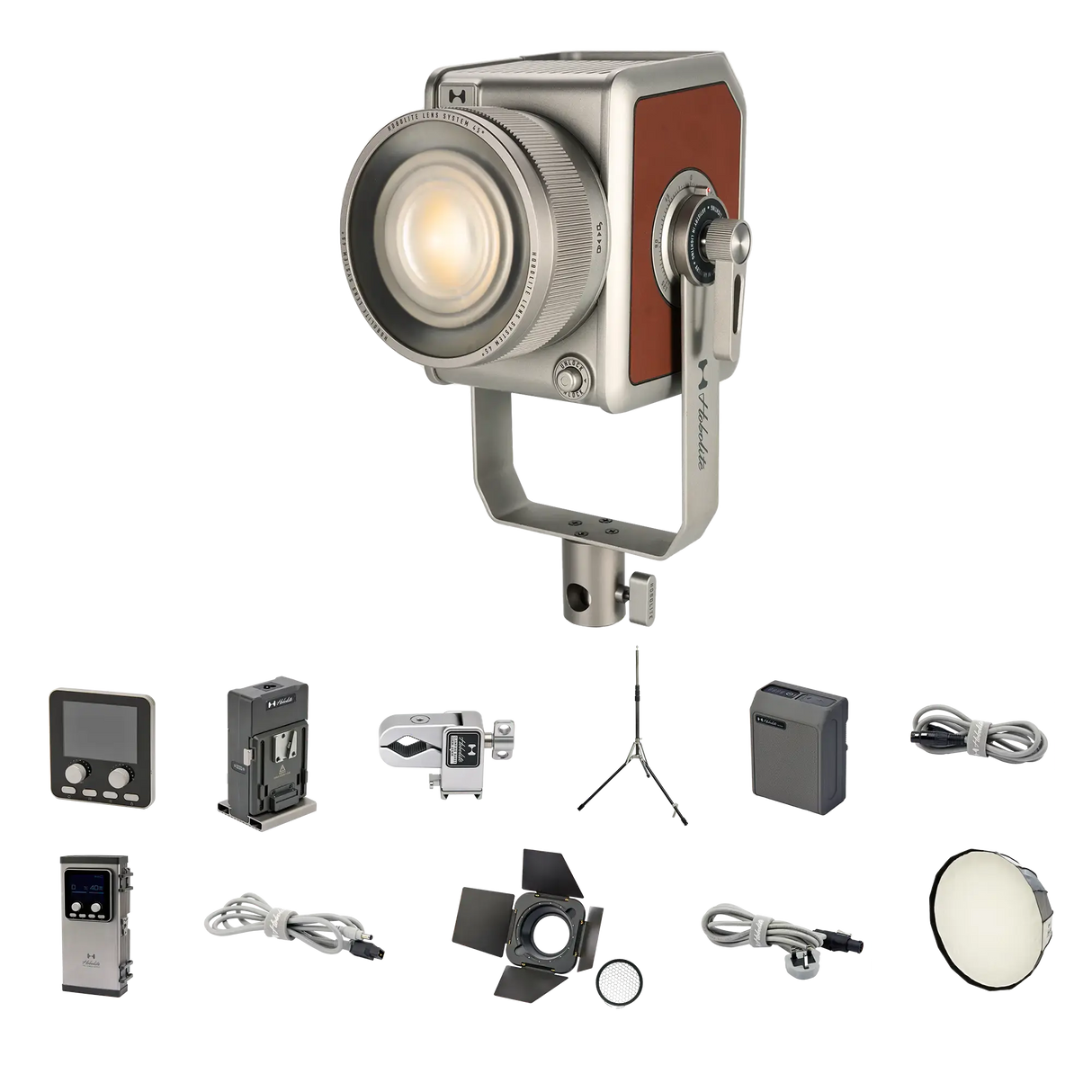 Pro 300W LED bi-color studio light with accessories for photo & video, including remote, battery, and barn doors.