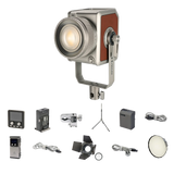Pro 300W LED bi-color studio light with accessories for photo & video, including remote, battery, and barn doors.