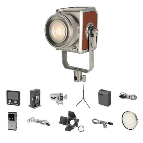 Pro 300W LED bi-color studio light with accessories for photo & video, including remote, battery, and barn doors.
