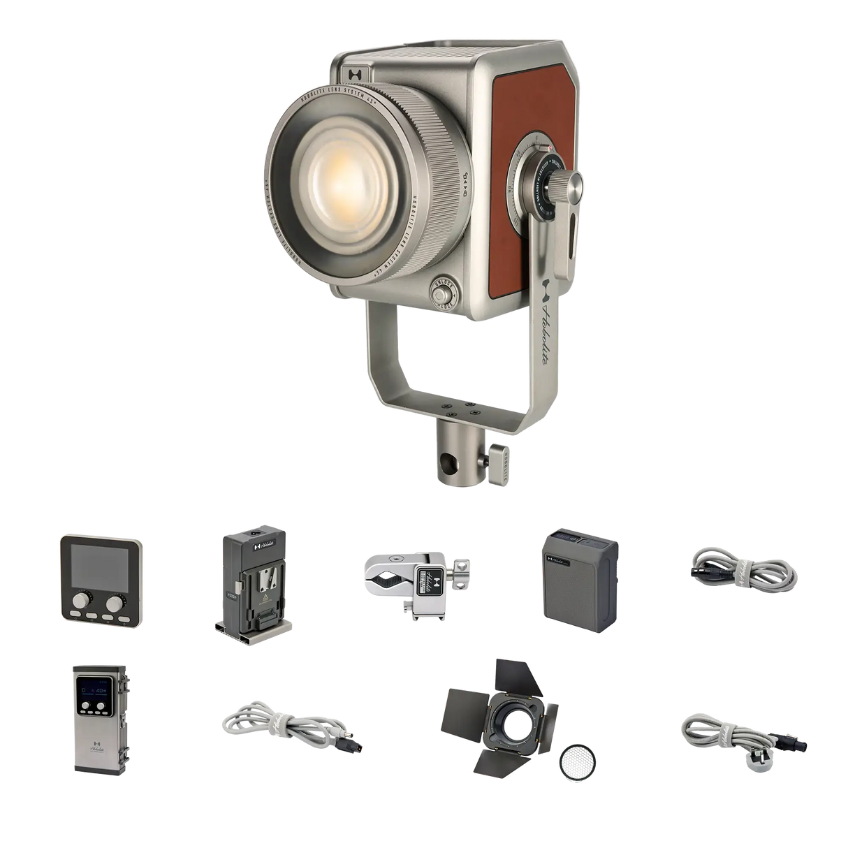 Pro 300W LED bi-color studio light kit with accessories for photo & video, including battery, remote, cables, and barn door.
