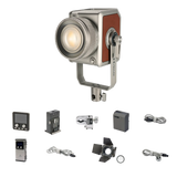 Pro 300W LED bi-color studio light kit with accessories for photo & video, including battery, remote, cables, and barn door.