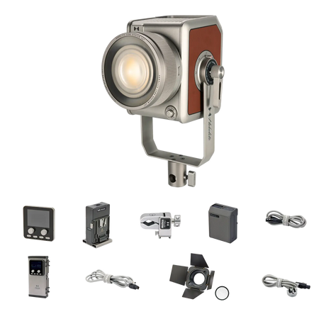 Pro 300W LED bi-color studio light kit with accessories for photo & video, including battery, remote, cables, and barn door.