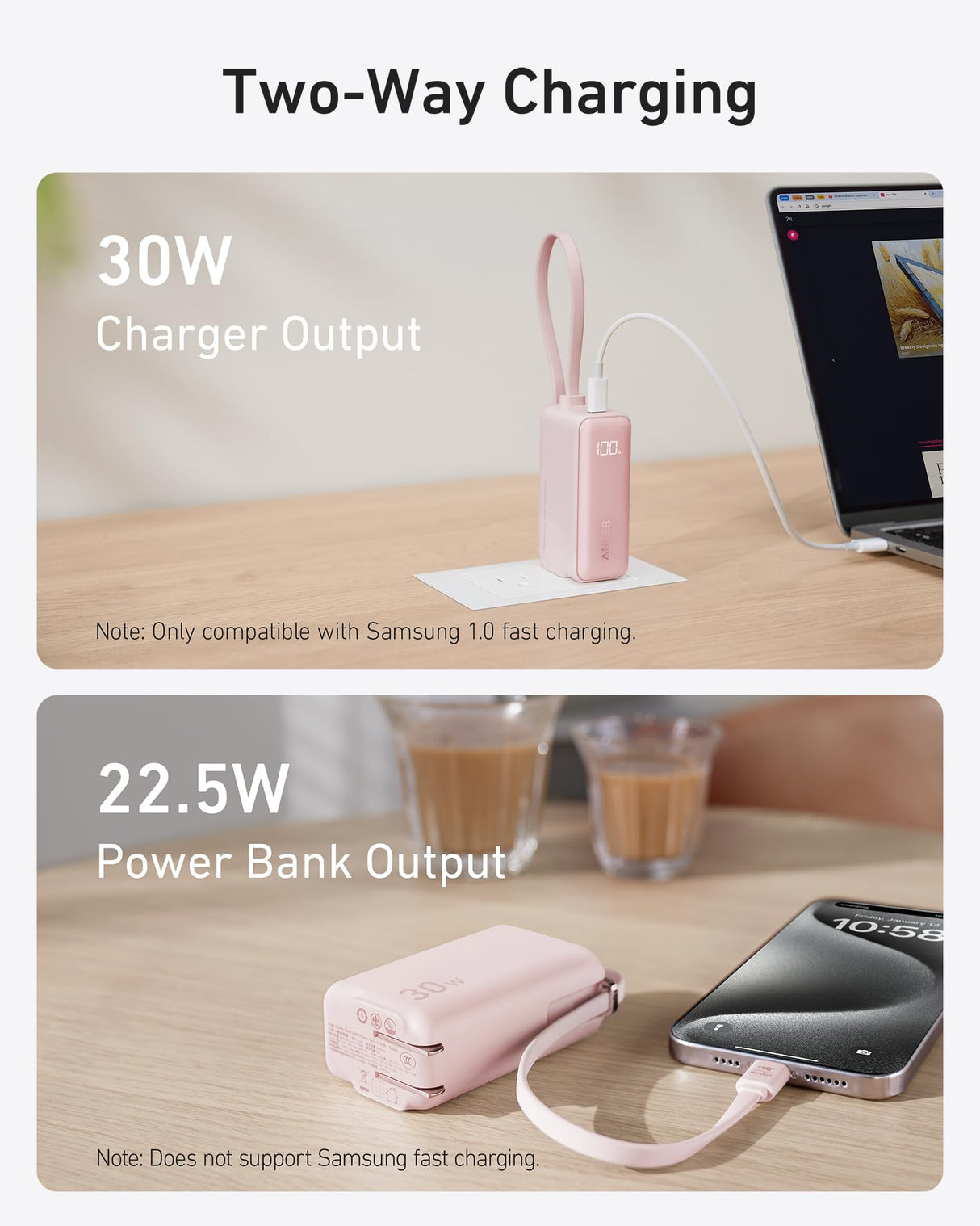 Anker Power Bank (30W, 5k,  Fusion, Built-In USB-C Cable)