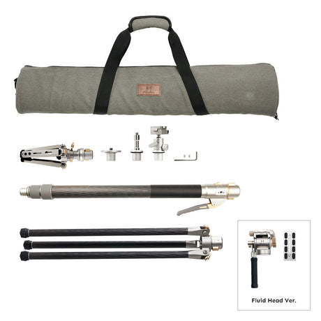 Rocket carbon fiber monopod kit components: monopod, tripod base, V-mount connector, and carrying bag.