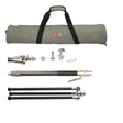Rocket monopod kit components: carbon fiber monopod, tripod base, camera mount, V-mount connector in grey carrying bag.