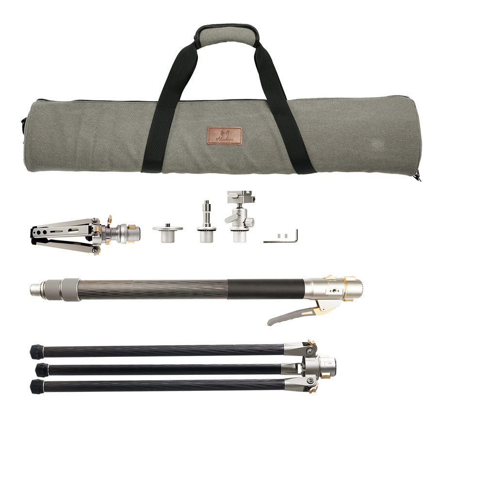 Rocket monopod kit components: carbon fiber monopod, tripod base, camera mount, V-mount connector in grey carrying bag.