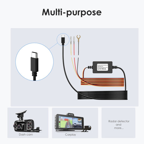 Rexing Dash Cam Smart Hardwire Kit, Type-C Hard Wire Kit Fuse Only for R4, DT2, M3, M2 Max, M2-4, M4-4, and RH2 Series, Rexing 12V-30V to 5V/2A Type-C Port Charger Power Cord, Gift 8 Fuse Tap Cable and Installation Tool (11.5ft)