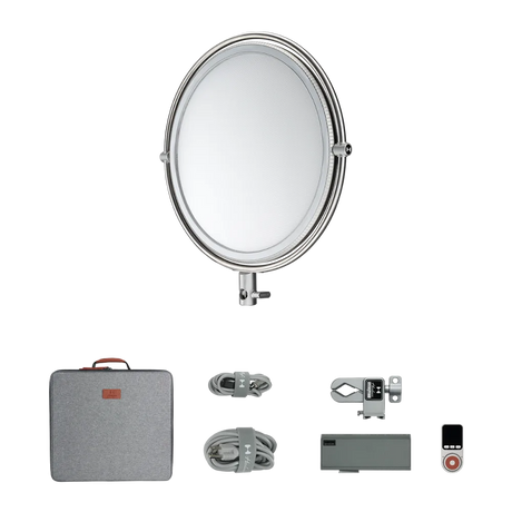 Harlowe Sol 100W LED panel light kit with silver round panel, case, cables, mount, adapter, and remote on black background.
