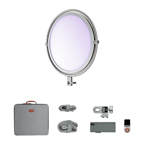 Harlowe Sol 100W round LED panel light kit with silver frame, case, cables, adapter, and remote.