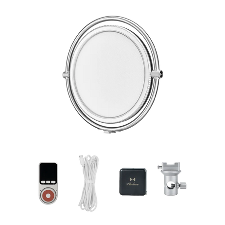 Harlowe Sol 40W LED panel light kit with remote, cable, adapter, and mount.