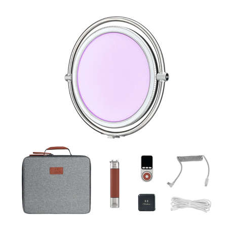 Harlowe Sol 40W LED panel light kit with lavender diffusion, grey case, grip, remote, adapter, and cables.