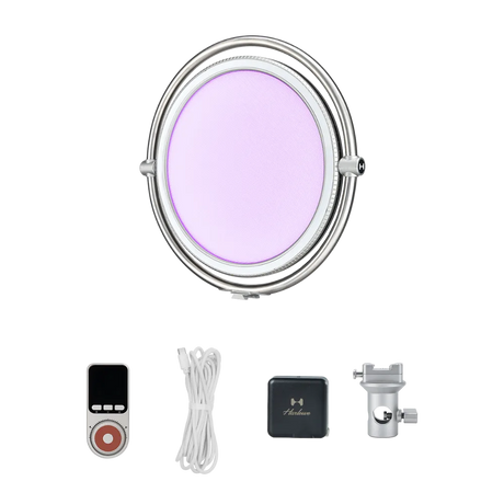 Harlowe Sol 40W LED panel light with silver frame, emitting lavender light, with remote, cable, adapter, and mount.