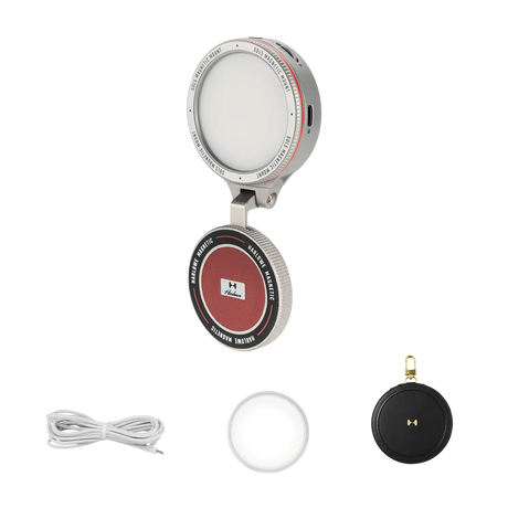 Harlowe Sol 5 Bi-Color Mobile Light kit: silver light with red center, white diffuser, USB-C cable, and black magnetic mount.