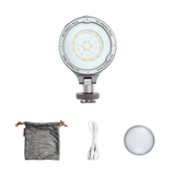 Harlowe Sol 5 Spectra RGBCW portable LED light with magnetic mount, gray pouch, white charging cable, and diffuser.