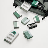 Tilta TBC-E17 LP-E17 dual charger and TLP-E17 batteries in Ash Green and Forest Green laid out beside a camera backpack