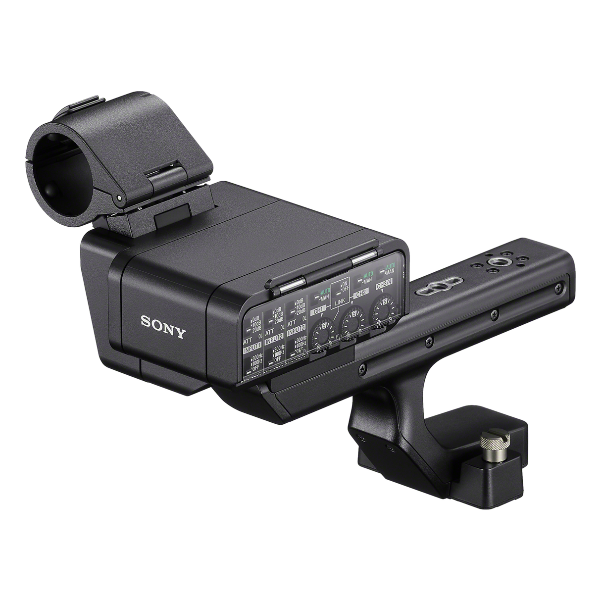 Sony XLR-H2 Handle Unit for FX5, angled view showing XLR inputs and gain controls